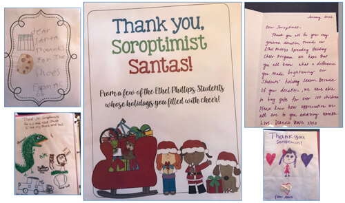Collage of images of thank you notes and cards with children's artwork. The largest image includes a sign that says, "Thank you, Soroptimist Santas!"
