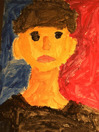 Artwork of a portrait of a young person done in blue, red, orange, and brown paint.