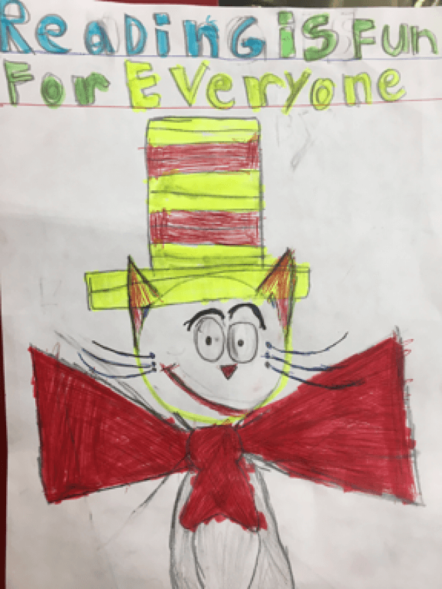 A child's drawing of the Cat in the Hat. At the top are the words, "Reading is fun for everyone."