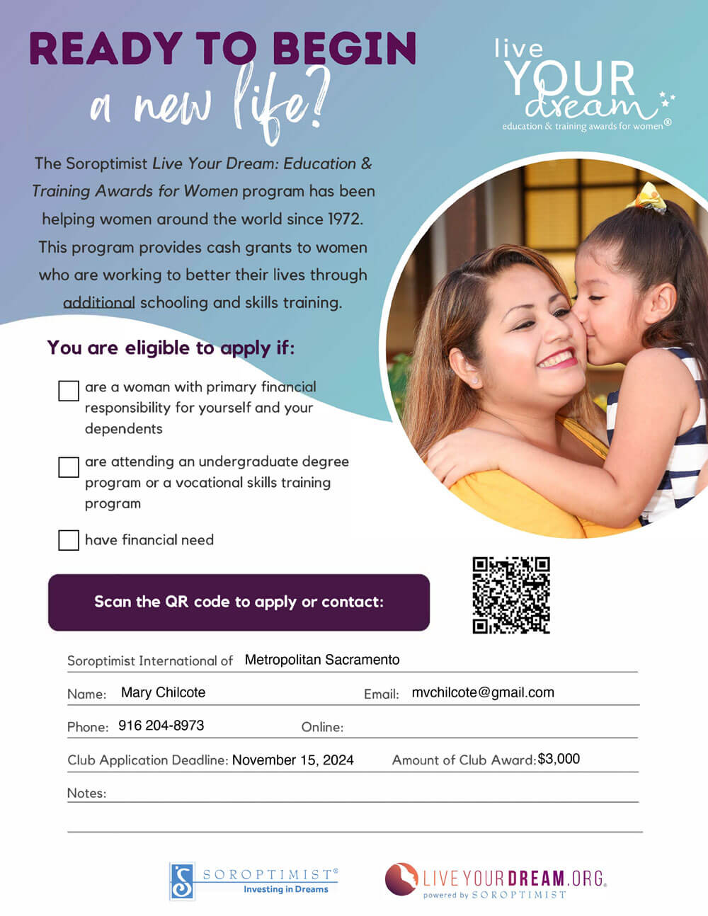 Graphic of a poster with the words, "Ready to begin a new life?" at the top. There is a picture on the right of a smiling woman holding a young girl who is kissing the woman's cheek. There are checkboxes in the middle of the page, and form fields at the bottom.